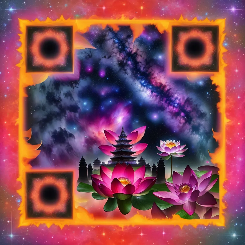A giant lotus-shaped temple drifting through a nebula, illuminated petals, cosmic energy flowing through veins, infinite stars in background, high-detail CGI 16k